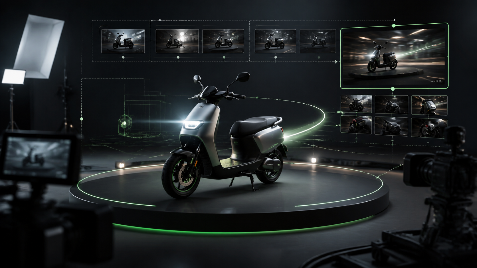 Text to video product launch workflow showing an electric scooter on a studio turntable with camera path guides and generated preview frames.